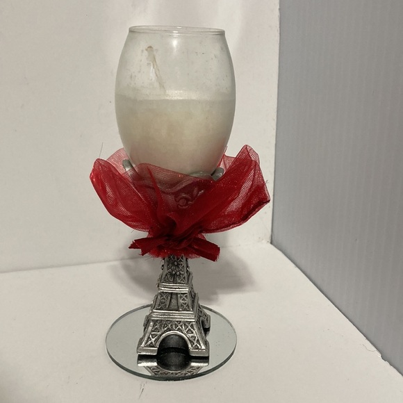 EIFFEL TOWER Wine Glass Candle Holder with Candle and Red Ribbon 4.5 inches - Picture 7 of 14